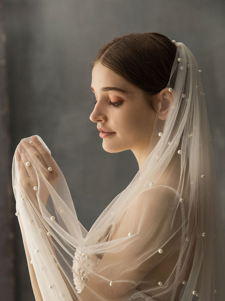 One-Tier Pearls Cut Edge Drop Wedding Veils-stylesnuggle