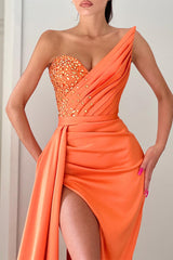 Orange Sleeveless Mermaid Evening Dress Long Slit With Beads-stylesnuggle