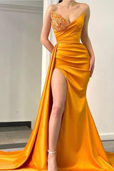 Orange Sweetheart Mermaid Evening Dress Pleated Long Split With Beads-stylesnuggle