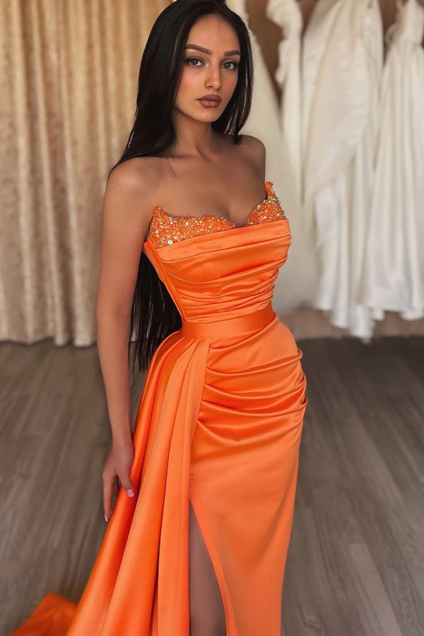 Orange Sweetheart Mermaid Prom Dress Long Split With Sequins-stylesnuggle