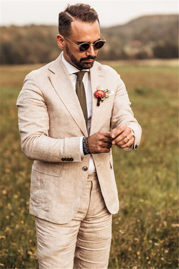 stylesnuggle made this Party Linen Wedding Suit, Casual Summer Beach Groom Slim Fit Suit Tuexedos with rush order service. Discover the design of this Khaki Solid Notched Lapel Single Breasted mens suits cheap for prom, wedding or formal business occasion.