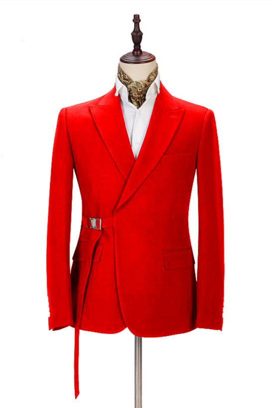 Passionate Bright Red Men's Formal Suit Online Peak Lapel Buckle Button Casual Suit for Men