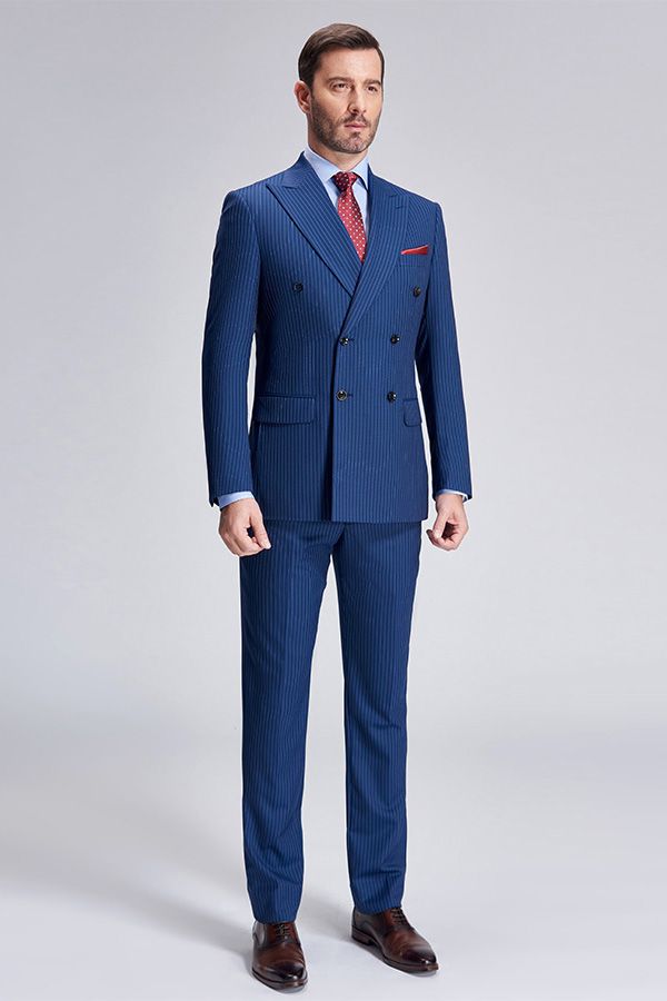 This Peak Lapel Blue Mens Suits for Business, Stripes Double Breasted Mens Suits at stylesnuggle comes in all sizes for prom, wedding and business. Shop an amazing selection of Peaked Lapel Double Breasted Blue mens suits in cheap price.