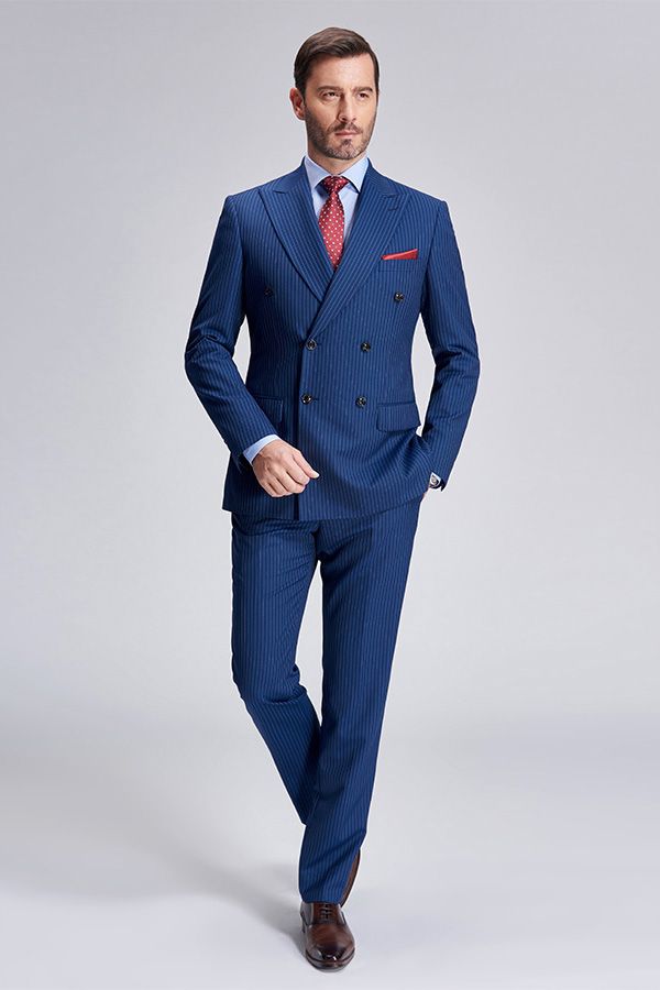 This Peak Lapel Blue Mens Suits for Business, Stripes Double Breasted Mens Suits at stylesnuggle comes in all sizes for prom, wedding and business. Shop an amazing selection of Peaked Lapel Double Breasted Blue mens suits in cheap price.