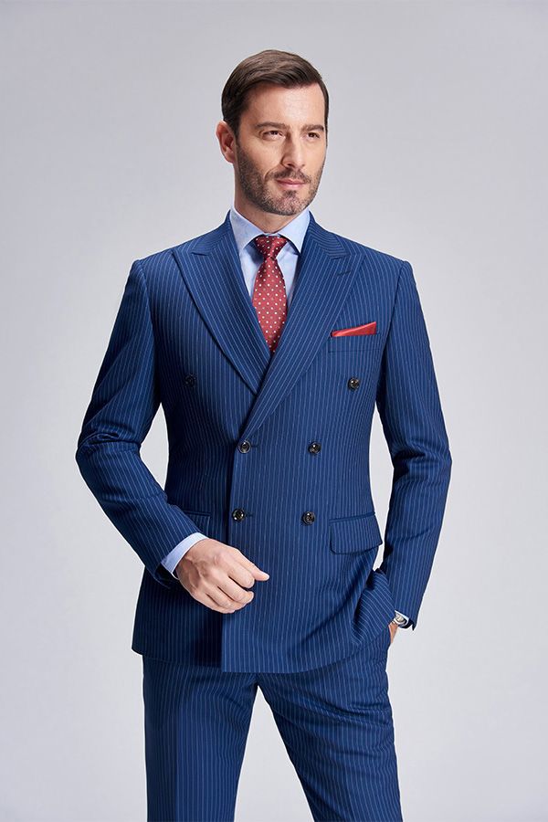 This Peak Lapel Blue Mens Suits for Business, Stripes Double Breasted Mens Suits at stylesnuggle comes in all sizes for prom, wedding and business. Shop an amazing selection of Peaked Lapel Double Breasted Blue mens suits in cheap price.