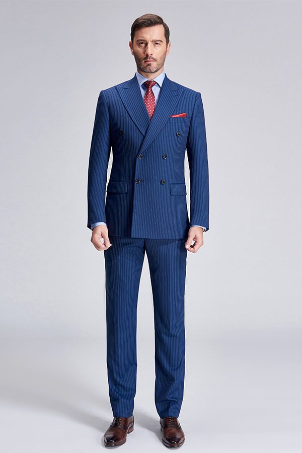 This Peak Lapel Blue Mens Suits for Business, Stripes Double Breasted Mens Suits at stylesnuggle comes in all sizes for prom, wedding and business. Shop an amazing selection of Peaked Lapel Double Breasted Blue mens suits in cheap price.