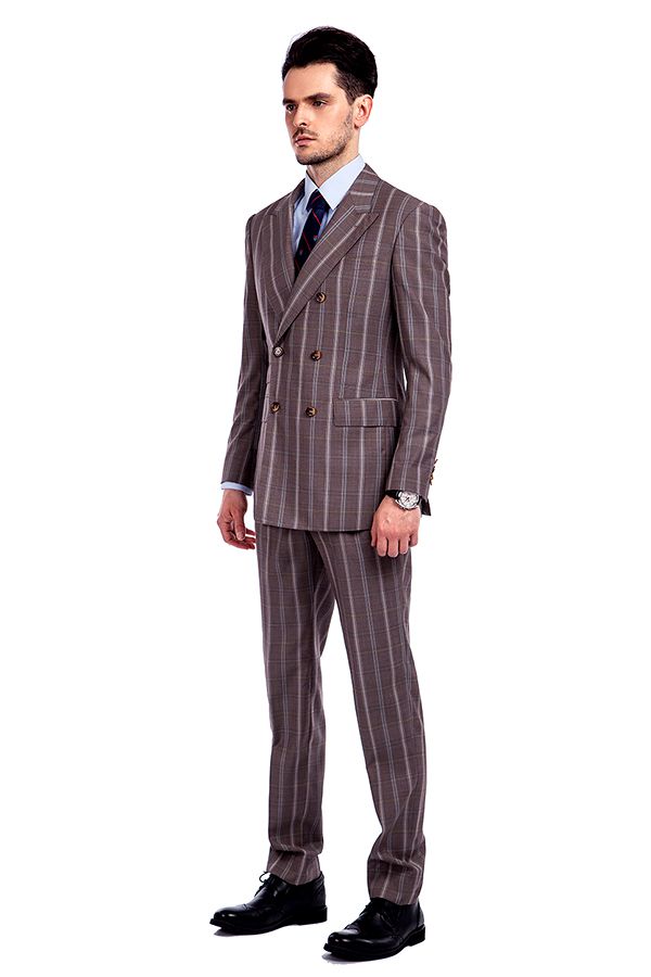 Looking for the Pricey Peak Lapel Plaid Double Breasted Premium Mens Suits with Flap Pocket online Find your Peaked Lapel Double Breasted Two-piece Chocolate mens suits for prom, wedding and business at stylesnuggle.