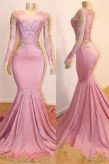 Pink Appliques Long Sleevess Prom Dresses New Arrival Gorgeous Mermaid Evening Gowns-stylesnuggle