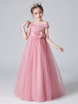 Pink flower girl dresses Bateau Neck Sleeveless Bows Formal Kids Pageant Dresses