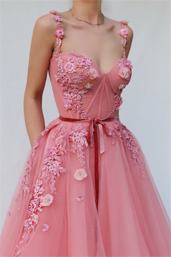 Still not know where to get your event dresses online? stylesnuggle offer you Pink Gorgeous A-line Spaghetti Tulle Flower Applique Prom Dresses at factory price,  fast delivery worldwide.