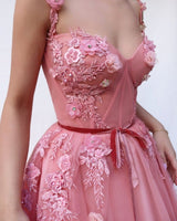 Still not know where to get your event dresses online? stylesnuggle offer you Pink Gorgeous A-line Spaghetti Tulle Flower Applique Prom Dresses at factory price,  fast delivery worldwide.