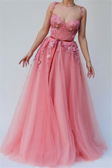 Still not know where to get your event dresses online? stylesnuggle offer you Pink Gorgeous A-line Spaghetti Tulle Flower Applique Prom Dresses at factory price,  fast delivery worldwide.