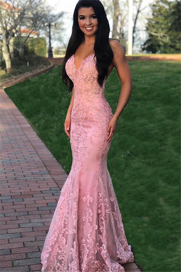 Still wondering where to buy trendy Pink Gorgeous Mermaid Sleeveless Lace Applique Prom Dresses online? stylesnuggle provides you 30+ colors Mermaid Prom Dresses with Slit online,  free shipping worldwide.