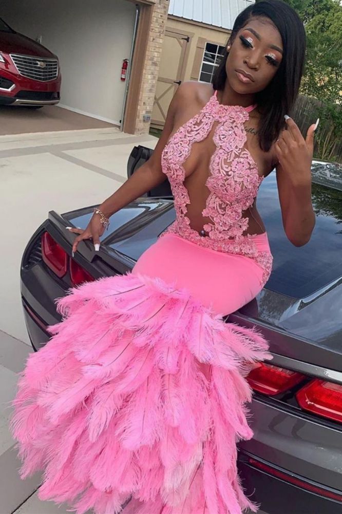 Looking for Prom Dresses, Evening Dresses in Stretch Satin,  Mermaid style,  and Gorgeous Beading, Appliques, Feathers work? stylesnuggle has all covered on this elegant Pink Halter Mermaid Feather Prom Party GownsAppliques Evening Dressing.