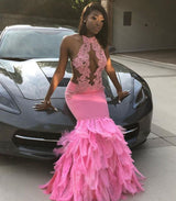 Looking for Prom Dresses, Evening Dresses in Stretch Satin,  Mermaid style,  and Gorgeous Beading, Appliques, Feathers work? stylesnuggle has all covered on this elegant Pink Halter Mermaid Feather Prom Party GownsAppliques Evening Dressing.