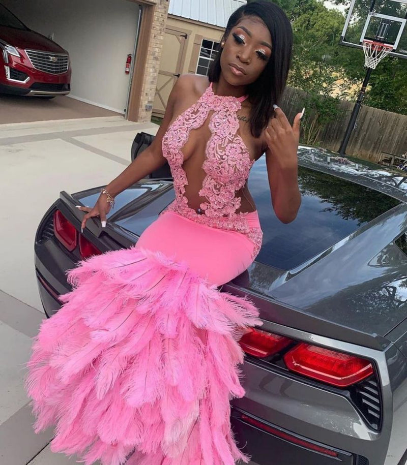 Looking for Prom Dresses, Evening Dresses in Stretch Satin,  Mermaid style,  and Gorgeous Beading, Appliques, Feathers work? stylesnuggle has all covered on this elegant Pink Halter Mermaid Feather Prom Party GownsAppliques Evening Dressing.