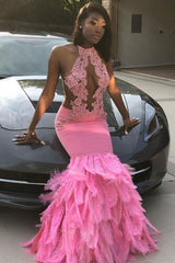 Looking for Prom Dresses, Evening Dresses in Stretch Satin,  Mermaid style,  and Gorgeous Beading, Appliques, Feathers work? stylesnuggle has all covered on this elegant Pink Halter Mermaid Feather Prom Party GownsAppliques Evening Dressing.