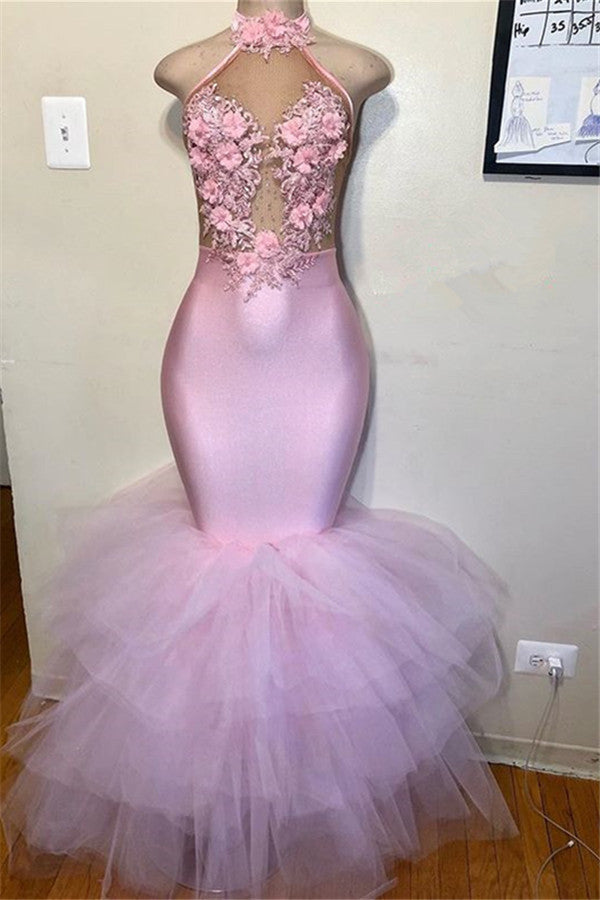 Do not know where to get Pink Halter Sleeveless Flower Appliques Tulle Mermaid Prom Party Gowns? stylesnuggle is here for you,  you can find all kinds of styles affordable prom dresses,  30+ colors available.