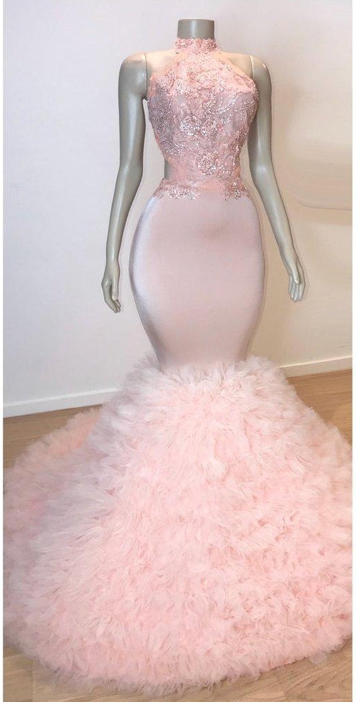 stylesnuggle has a great collection of Real Model Series at an affordable price. Welcome to Pink Halter Sleeveless Mermaid Prom Dresses New Arrival Chic Open Back Lace Tulle Evening Gowns.