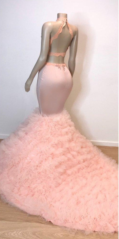 stylesnuggle has a great collection of Real Model Series at an affordable price. Welcome to Pink Halter Sleeveless Mermaid Prom Dresses New Arrival Chic Open Back Lace Tulle Evening Gowns.