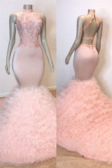 Pink Halter Sleeveless Mermaid Prom Dresses New Arrival Chic Open Back Lace Tulle Evening Gowns-stylesnuggle