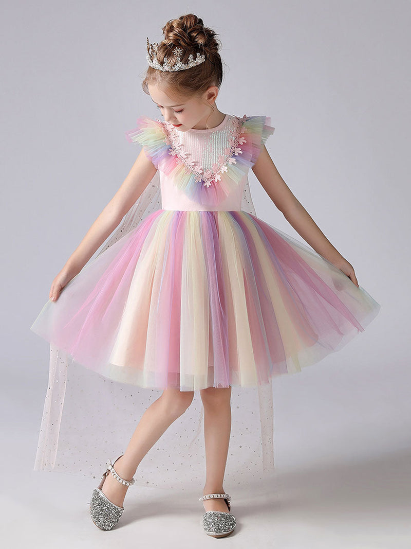 Pink flower girl dresses Jewel Neck Short Sleeves Kids Social Party Dresses Princess Dress