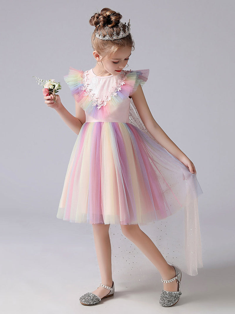 Pink flower girl dresses Jewel Neck Short Sleeves Kids Social Party Dresses Princess Dress