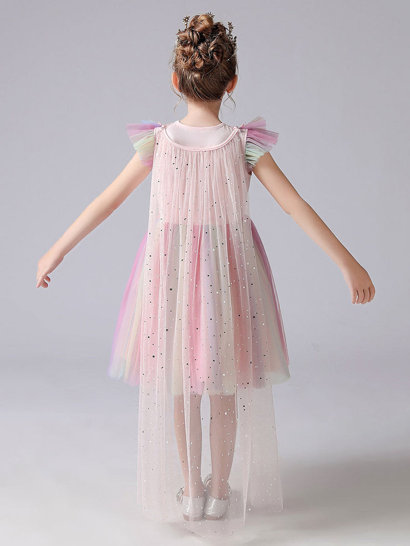 Pink flower girl dresses Jewel Neck Short Sleeves Kids Social Party Dresses Princess Dress