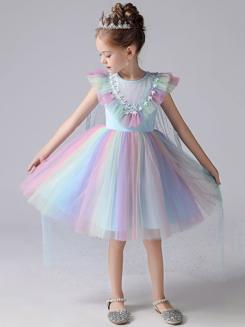 Pink flower girl dresses Jewel Neck Short Sleeves Kids Social Party Dresses Princess Dress