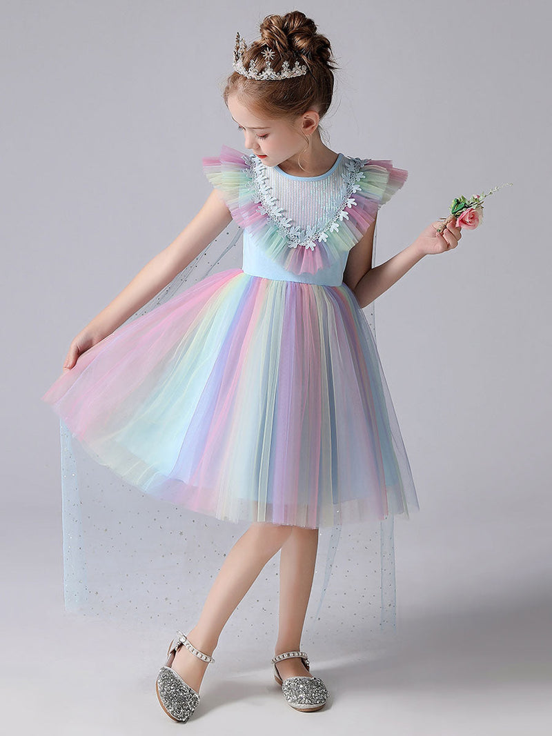 Pink flower girl dresses Jewel Neck Short Sleeves Kids Social Party Dresses Princess Dress