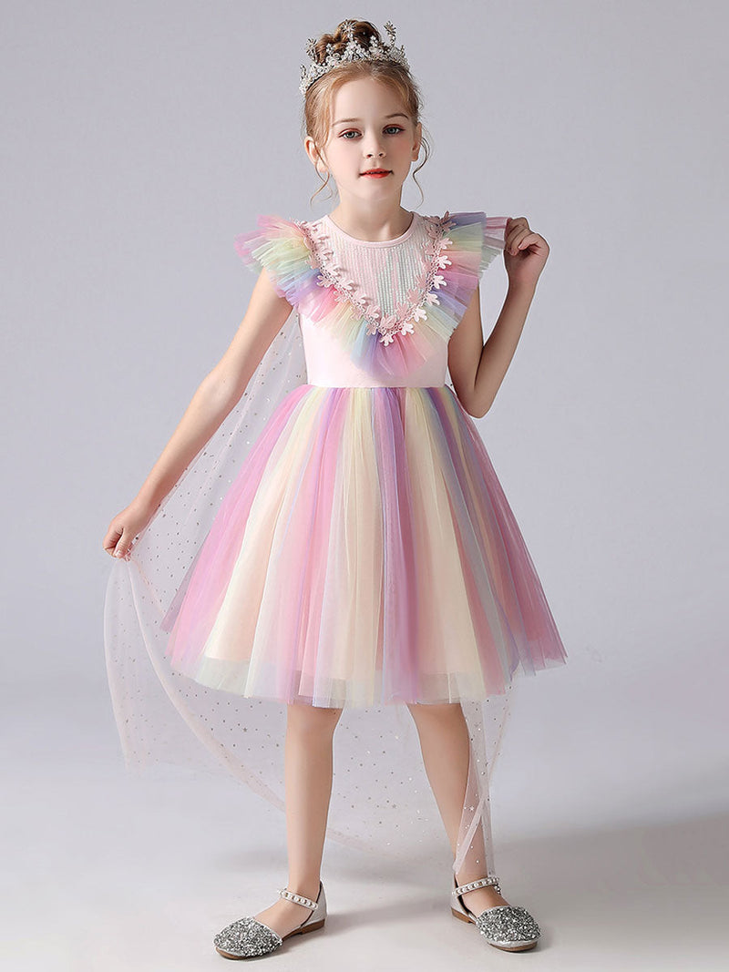 Pink flower girl dresses Jewel Neck Short Sleeves Kids Social Party Dresses Princess Dress