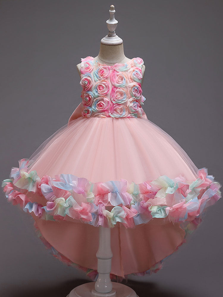 flower girl dresses Pink Jewel Neck Sleeveless Bows Flowers Tulle Polyester Cotton Formal Kids Pageant Dresses