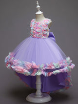 flower girl dresses Pink Jewel Neck Sleeveless Bows Flowers Tulle Polyester Cotton Formal Kids Pageant Dresses