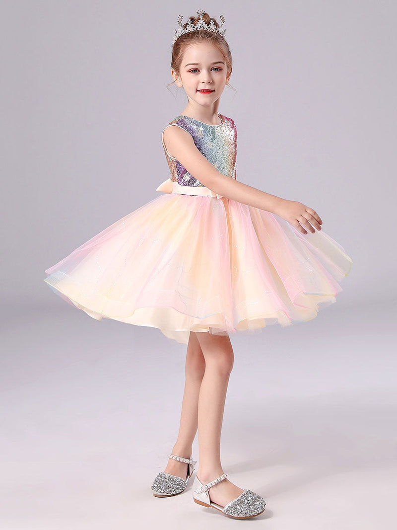 Pink flower girl dresses Jewel Neck Tulle Sleeveless Short Princess Dress Bows Formal Kids Pageant Dresses