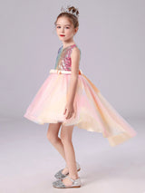 Pink flower girl dresses Jewel Neck Tulle Sleeveless Short Princess Dress Bows Formal Kids Pageant Dresses