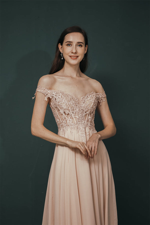 Pink Lace-up Off-the-shoulder Chiffon Formal Dress-stylesnuggle