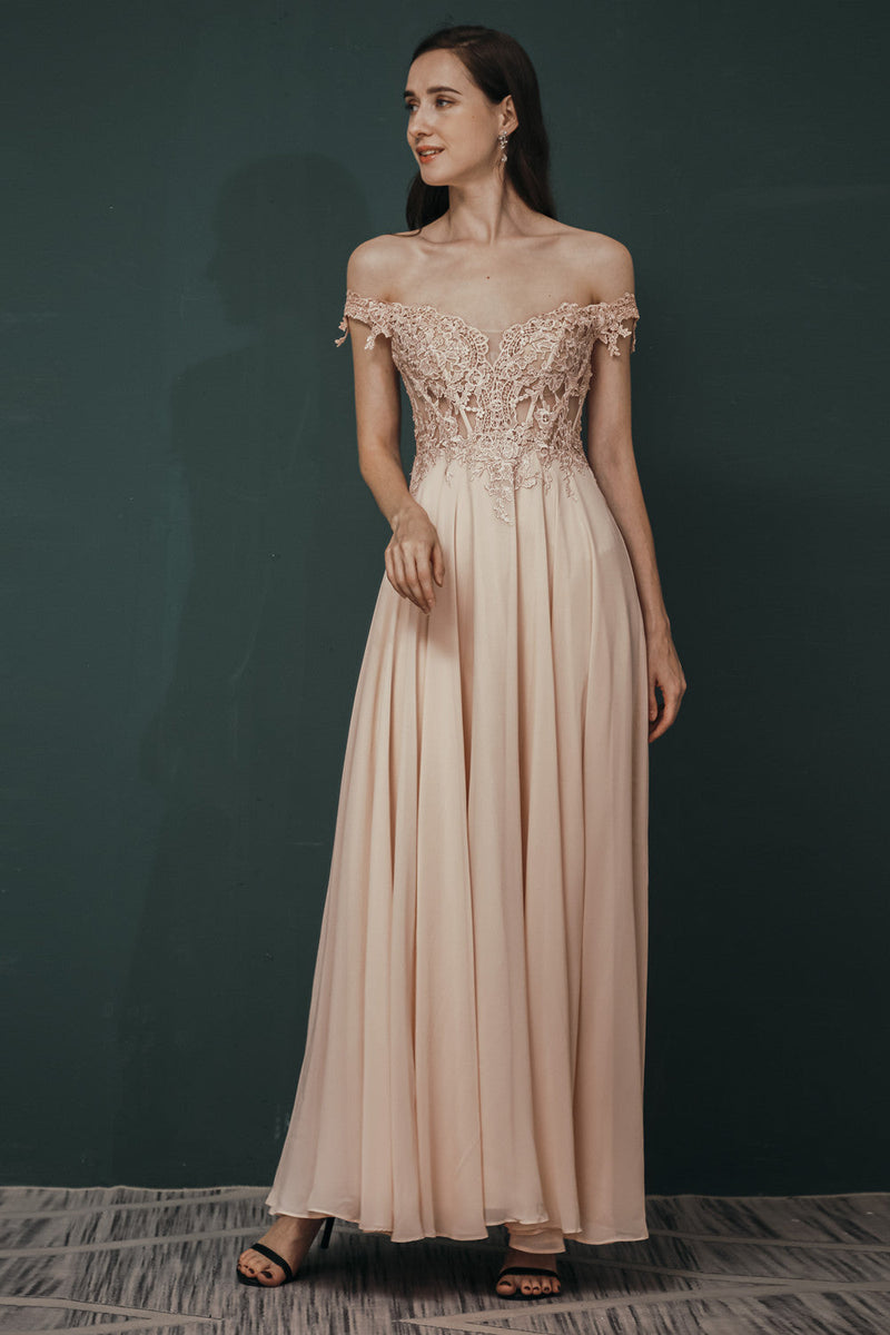 Pink Lace-up Off-the-shoulder Chiffon Formal Dress-stylesnuggle