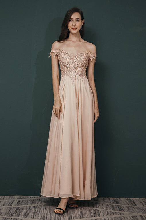 Pink Lace-up Off-the-shoulder Chiffon Formal Dress-stylesnuggle