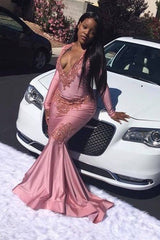 Looking for Prom Dresses, Evening Dresses in Mermaid style,  and Gorgeous Appliques work? stylesnuggle has all covered on this elegant Pink Mermaid Long Sleevess V-neck Floor Length Prom Dresses.