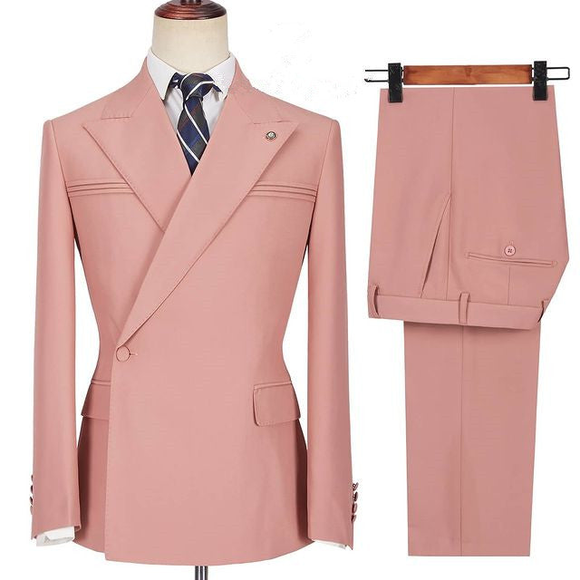 Pink Peaked Lapel Ruffles Designer Slim Fit Men's Prom Suits-stylesnuggle