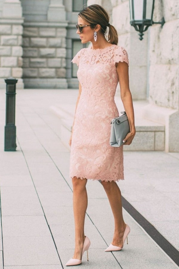 stylesnuggle offers Pink Short Sleeves Column Lace Knee Length Short Homecoming Dress at a cheap price from Lace to A-line Knee-length styles. Gorgeous yet affordable Short Sleeves Prom Dresses.