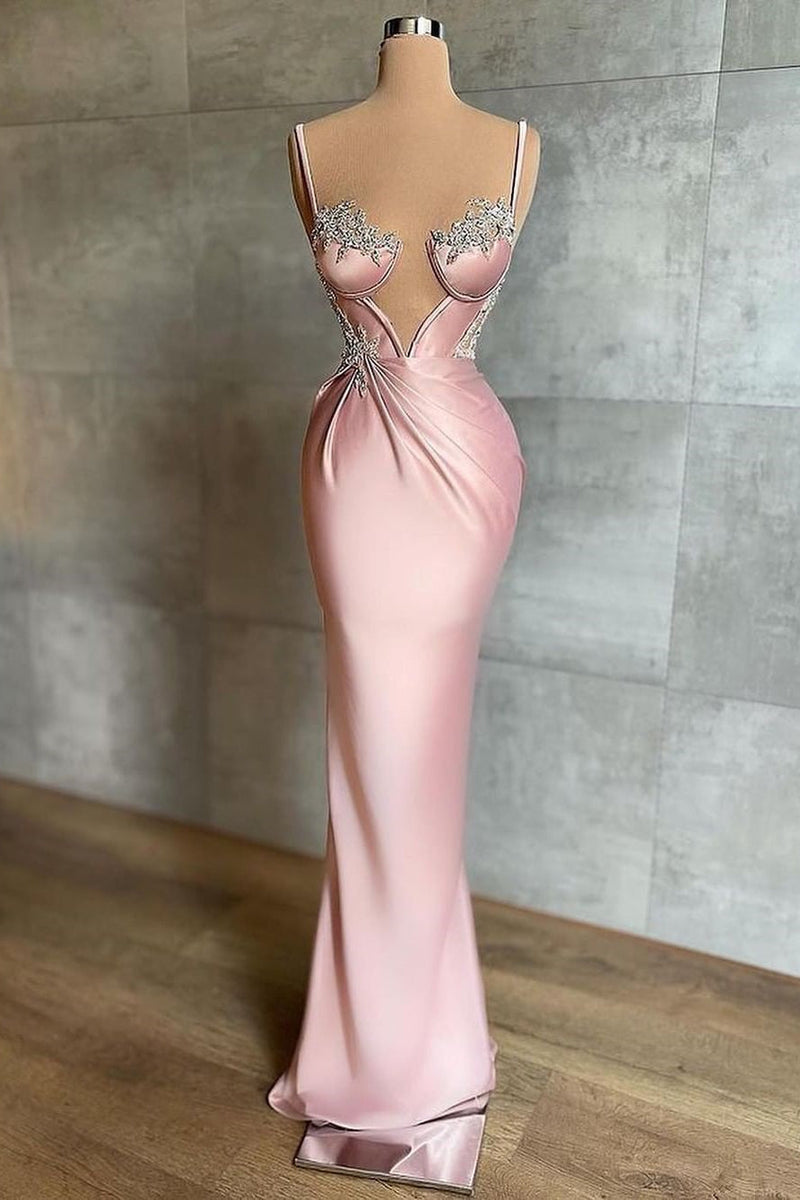 Pink Spaghetti-Straps Mermaid Prom Dress Sleeveless With Appliques-stylesnuggle