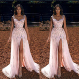 Pink Straps Sweetheart Long Prom Dress Mermaid Ruffles Evening Gowns With Slit-stylesnuggle