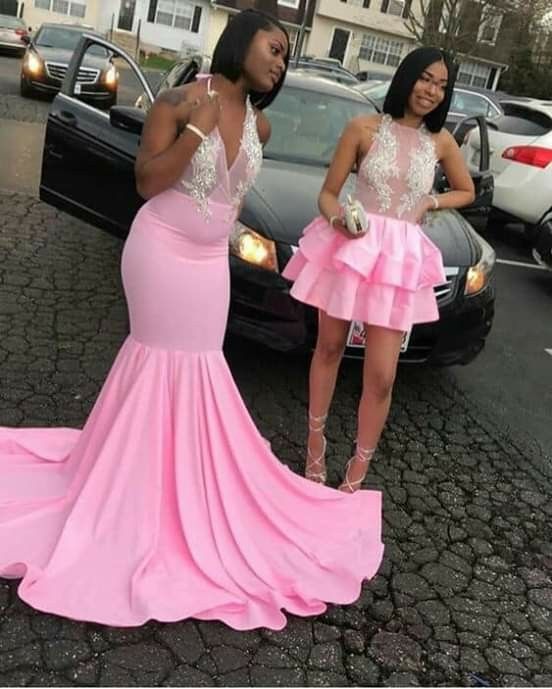 Looking for Prom Dresses in Stretch Satin,  Mermaid style,  and Gorgeous work? stylesnuggle has all covered on this elegant Pink V-neck Halter Sleeveless Appliques Long Mermaid Prom Dresses.