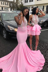 Looking for Prom Dresses in Stretch Satin,  Mermaid style,  and Gorgeous work? stylesnuggle has all covered on this elegant Pink V-neck Halter Sleeveless Appliques Long Mermaid Prom Dresses.