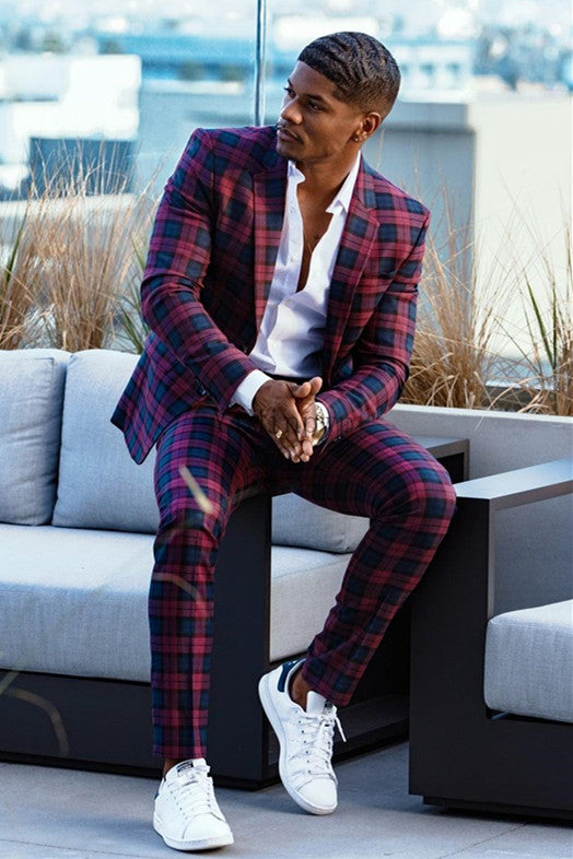 Plaid Slim Fit Bespoke Prom Men's Suit