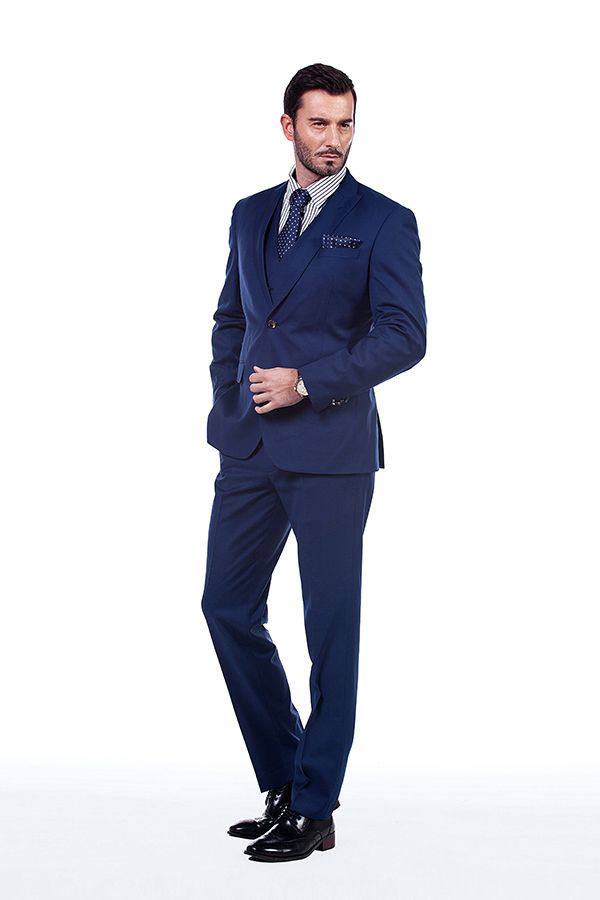 Looking for the Pricey Premium Peak Lapel Navy Blue Three Piece Suits for Men with Double Breasted Vest online Find your Peaked Lapel Single Breasted Three-piece Blue mens suits for prom, wedding and business at stylesnuggle.