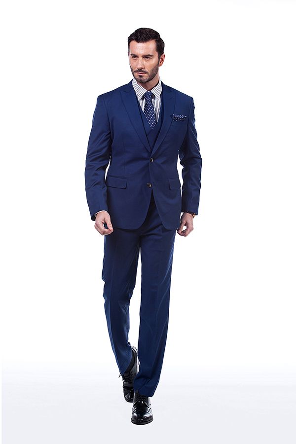 Looking for the Pricey Premium Peak Lapel Navy Blue Three Piece Suits for Men with Double Breasted Vest online Find your Peaked Lapel Single Breasted Three-piece Blue mens suits for prom, wedding and business at stylesnuggle.