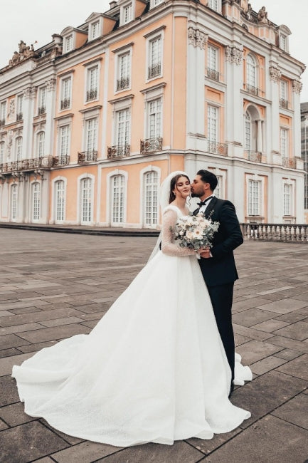 Pretty Long White A-line Wedding Dresses With Long Sleeves-stylesnuggle