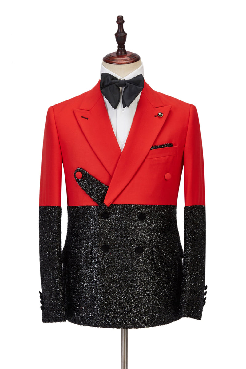 This Pricey Peak Lapel Bright Red Stitching Sparkle Black Fashion Men Suit at stylesnuggle comes in all sizes for prom, wedding and business. Shop an amazing selection of Peaked Lapel Double Breasted Red mens suits in cheap price.